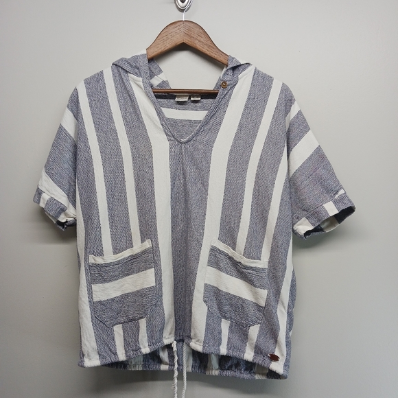 Roxy Hooded Top Women Size XS Blue White Stripes Short Sleeve Front Pocket - Picture 1 of 12